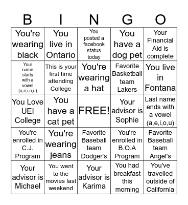 UEI College Bingo Card