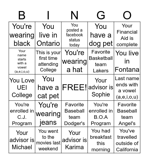 UEI College Bingo Card