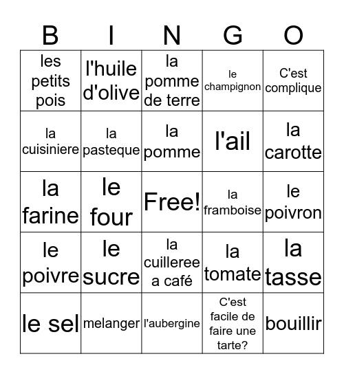 French 2, chapter 3, Vocabulary 1 Bingo Card