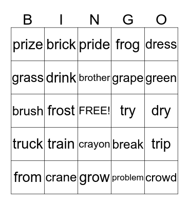 Consonant Clusters with 'R' Bingo Card