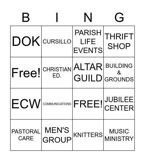 Ministry Fair Bingo Card