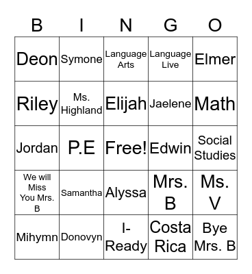 Bye Mrs. B Bingo Card