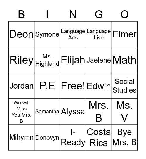 Bye Mrs. B Bingo Card