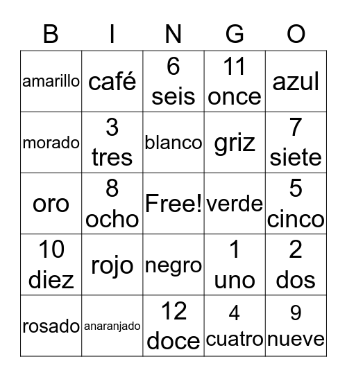 Bingo de Colores y Numeros Bingo Card