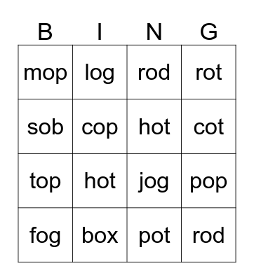 Short o bingo Card