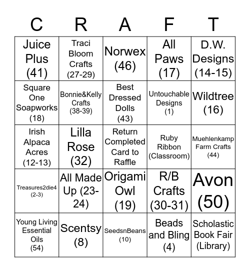 Franklin 4th Annual Craft Vendor Fair and Raffle—Craft-Direct Sales "Bingo" Bingo Card