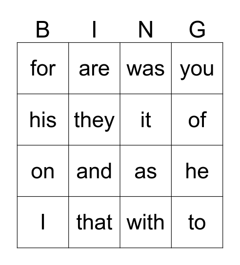 sight words 11-20 + words from 1-10 Bingo Card