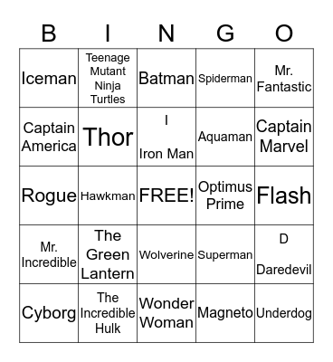 Super Hero Bingo Card