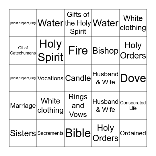 Vocation Sacraments Bingo Card