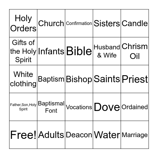 Vocation Sacraments Bingo Card