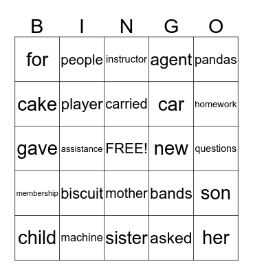 Direct and Indirect Objects Bingo Card