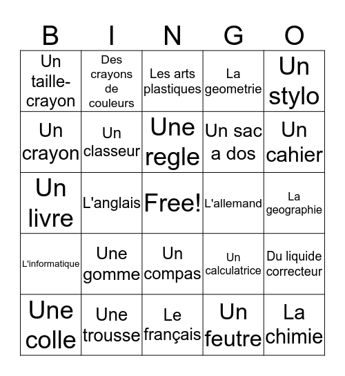 School Supplies Bingo Card