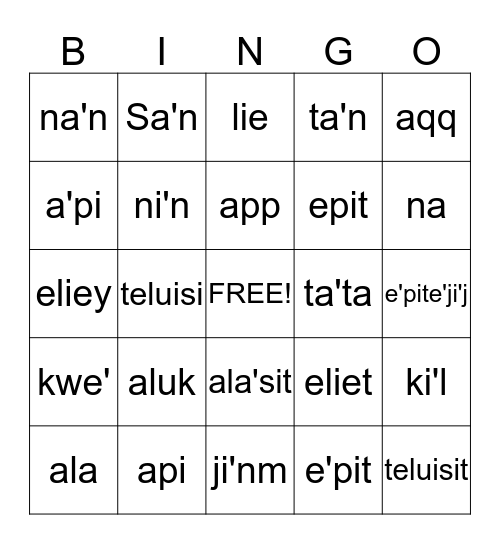 Unit 1 Bingo'emamk Bingo Card