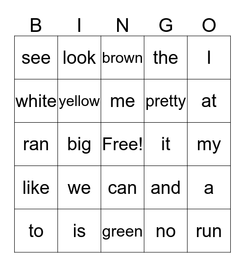 Kindergarten Sight Word Bingo Card