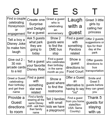 Guest Engagement Bingo Card