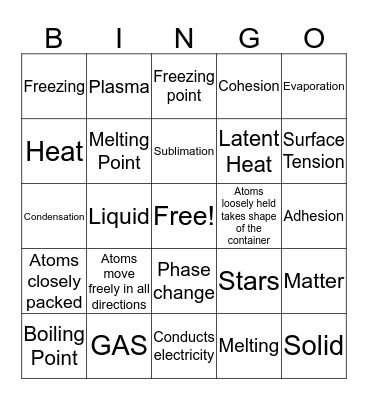 Science 8 States of Matter Bingo Card