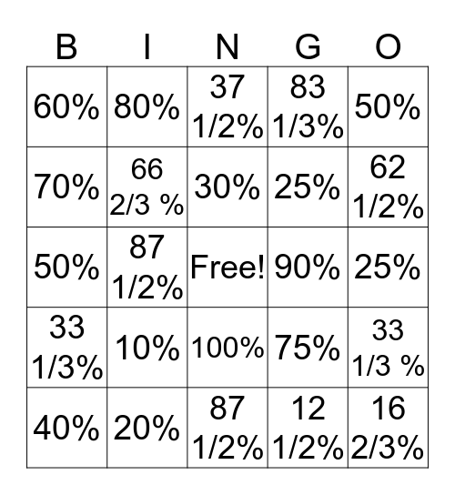 Percentages and Fractions Bingo Card