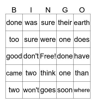 Sight Word Bingo #10 Bingo Card