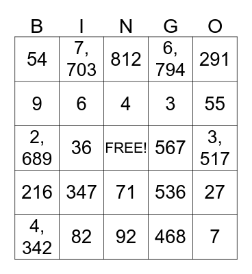 Number Bingo Card