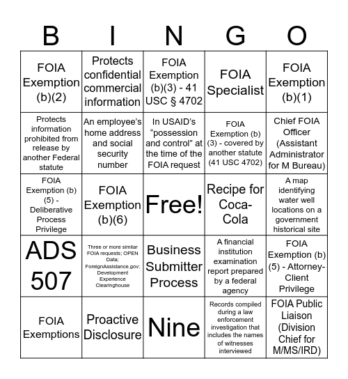 FOIA Bingo!  Bingo Card