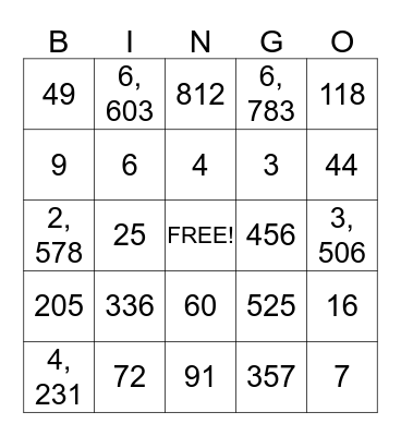 Number Bingo Card
