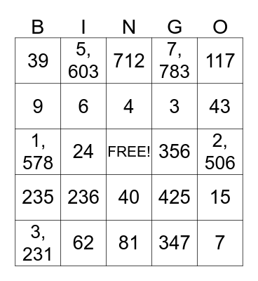 Number Bingo Card