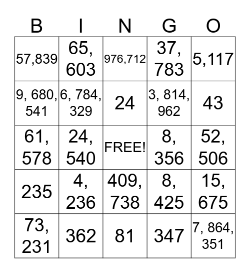Number Bingo Card