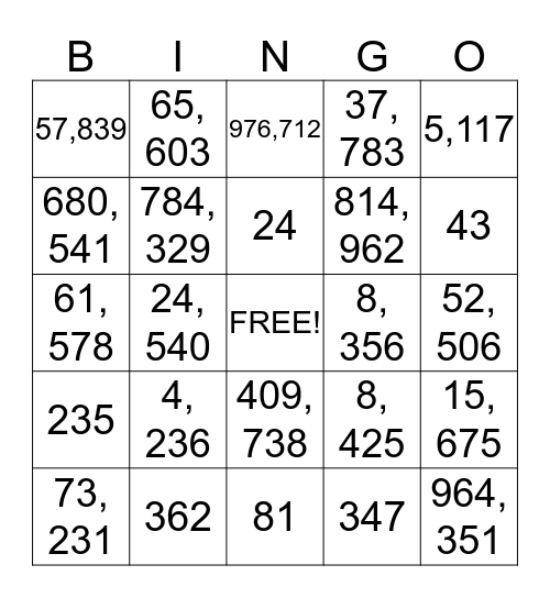 Number Bingo Card