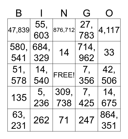 Number Bingo Card