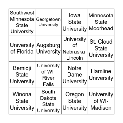 College Mascot Bingo Card