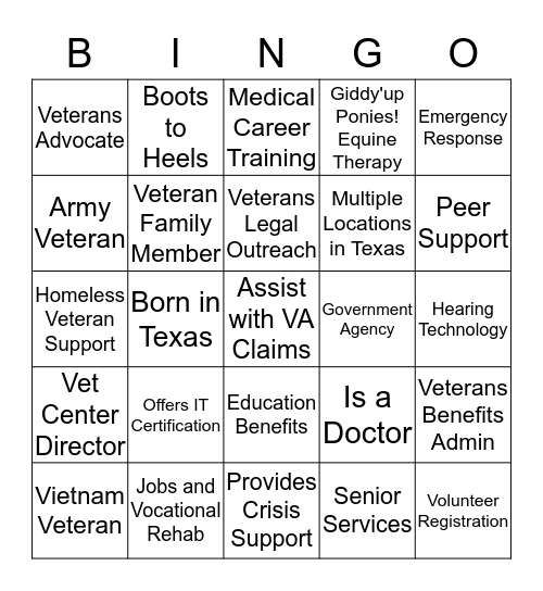 Dallas Vet Center: 2nd Annual Resource Day Bingo Card