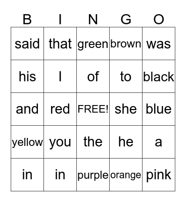 sight words Bingo Card
