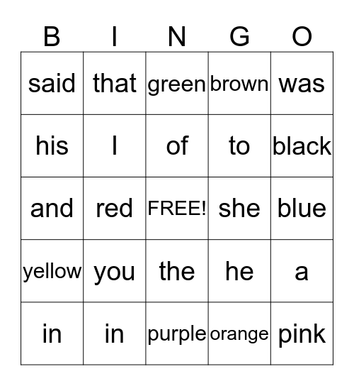 sight words Bingo Card