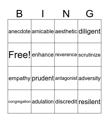 Vocabulary Decemeber 1 Bingo Card