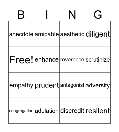 Vocabulary Decemeber 1 Bingo Card