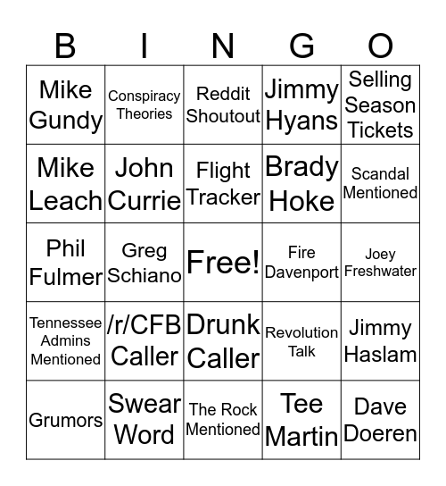 /r/CFB Fox Sports Knoxville Bingo 3.0 Presented by Hops and Hollers Bingo Card