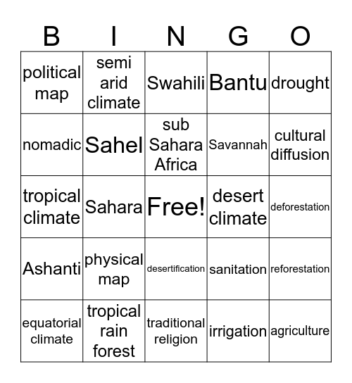 Africa Unit Vocabulary Bingo Card