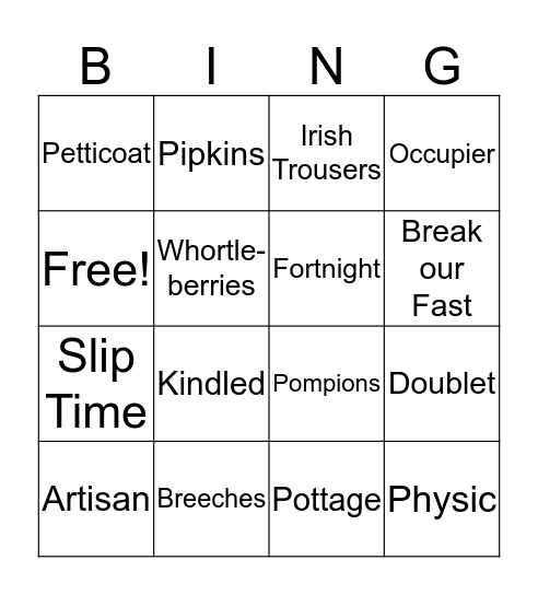 Colonial Words Bingo Card