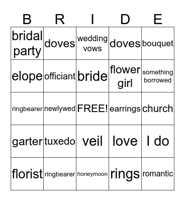 Jay's Bridal Bingo Card