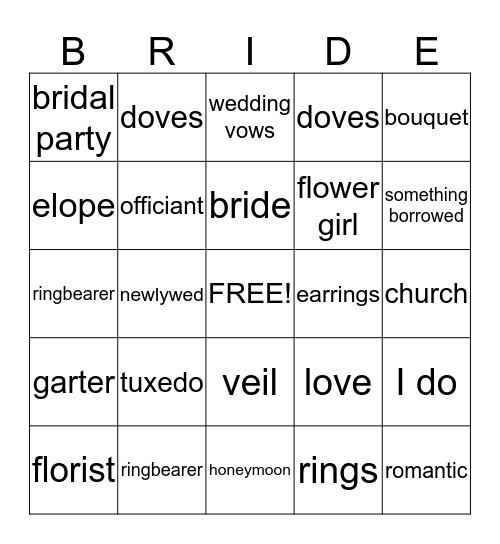 Jay's Bridal Bingo Card