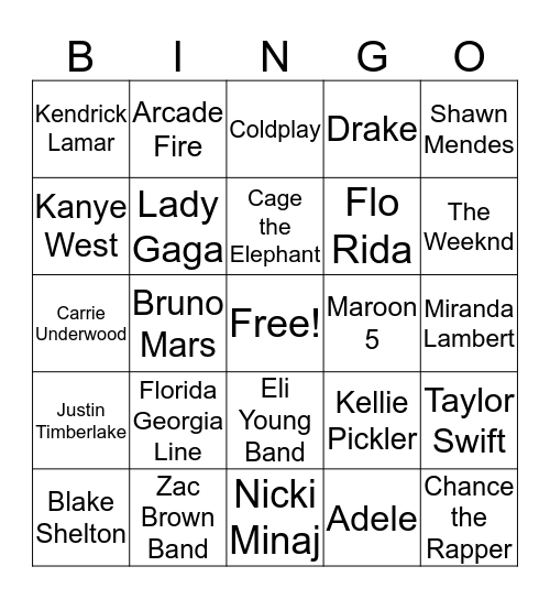 2010s Top Artists Music Bingo Card