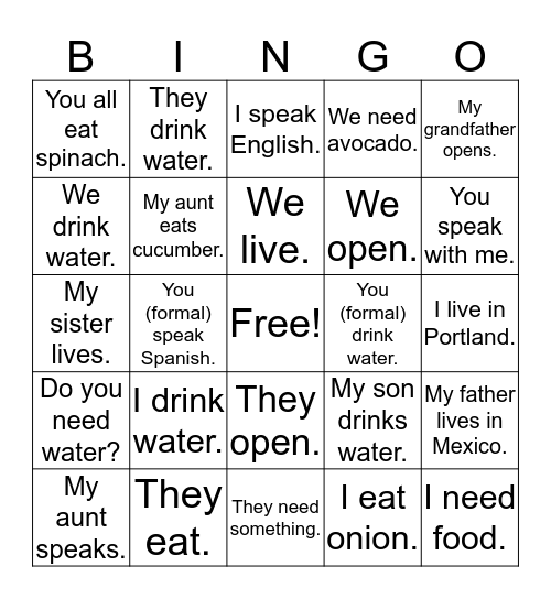 Regular Verb Conjugations Bingo Card