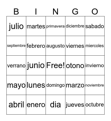 Spanish Calendar Bingo Card