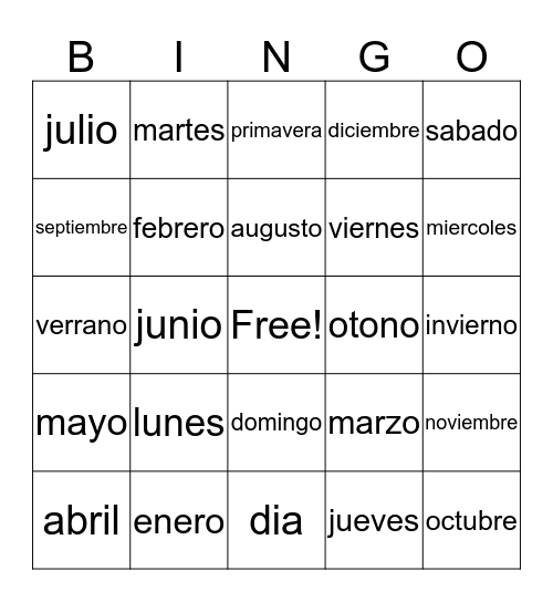 Spanish Calendar Bingo Card