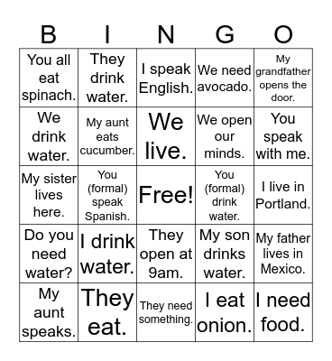 Regular Verb Conjugations Bingo Card
