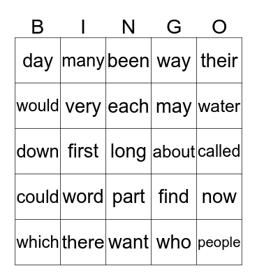 High-Frequency Words Bingo Card