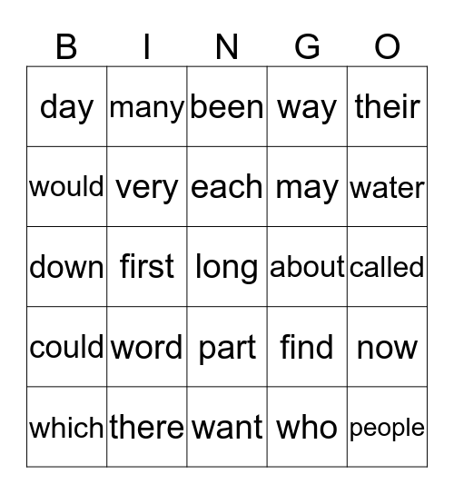 High-Frequency Words Bingo Card