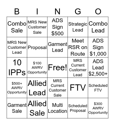 Sales / Service Collaboration Bingo Card