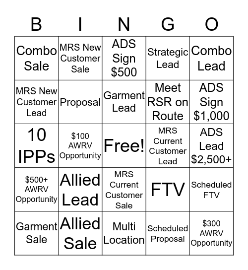 Sales / Service Collaboration Bingo Card
