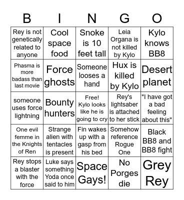 Star Wars The Last Jedi Bingo Card